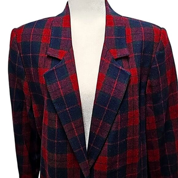 Sag Harbor Womens Wool Blend Red Green & Navy Plaid Single Button Blazer Size 16 - Picture 1 of 10